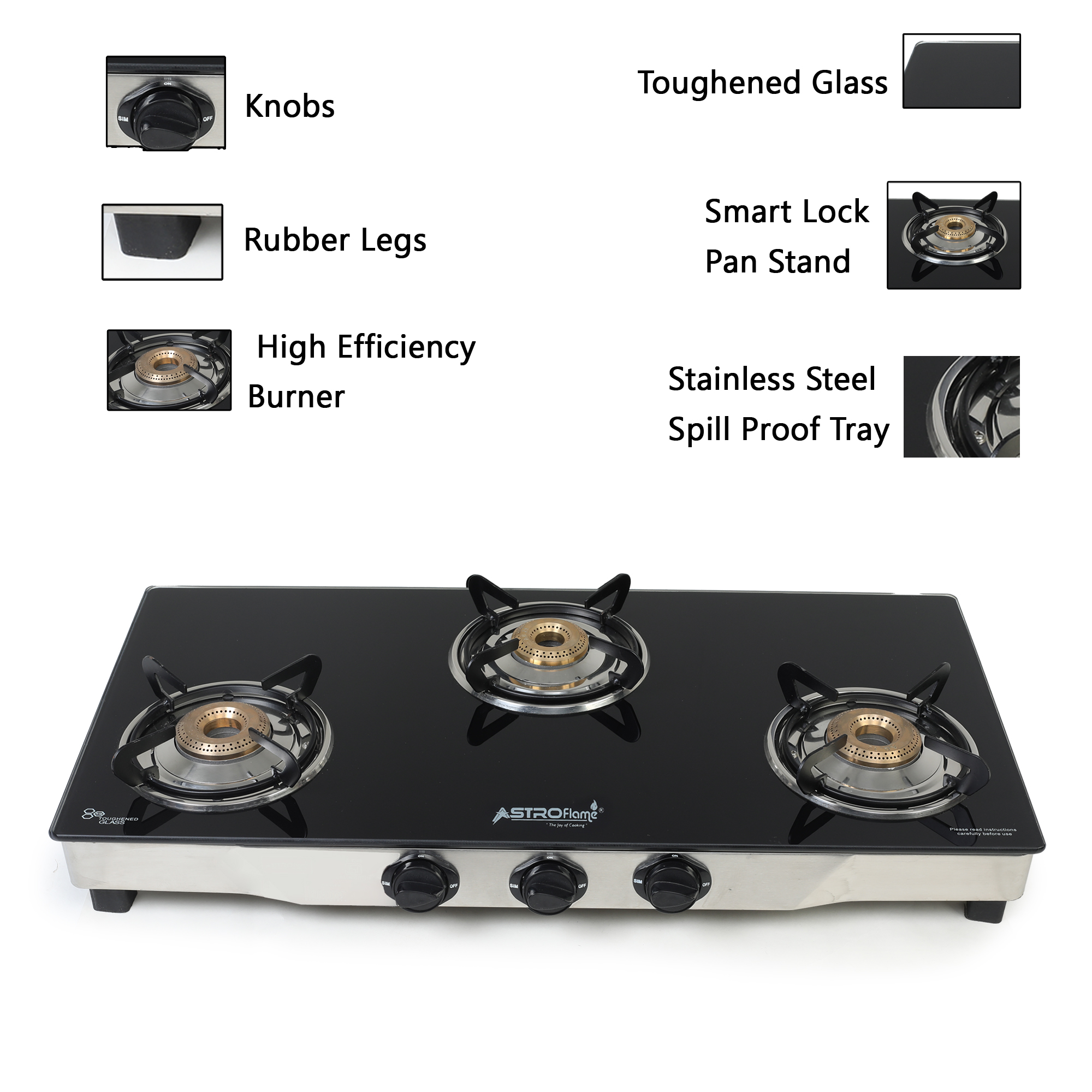 Astroflame Glass Top 3 Burner Gas Stove | Manual Ignition | 6 MM Black Toughened Glass | ISI Marked | 1 Year Warranty | Surya Flux
