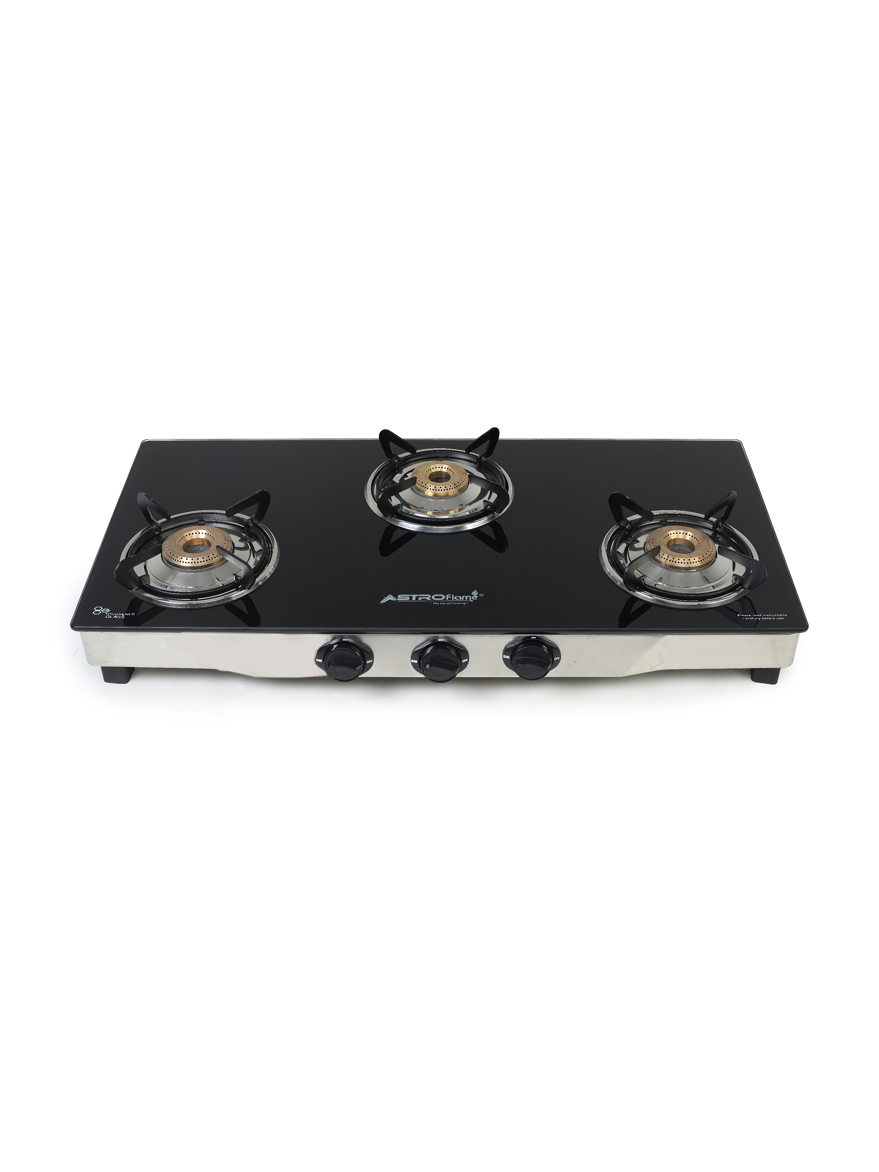 Astroflame Glass Top 3 Burner Gas Stove | Manual Ignition | 6 MM Black Toughened Glass | ISI Marked | 1 Year Warranty | Surya Flux